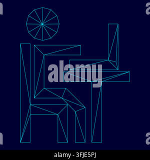 Human working at the laptop low poly triangulation triangulated polygonal electric cyan blue vibrant aqua neon color vector illustration image Stock Vector