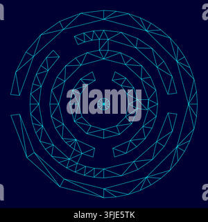 Circle maze or labyrinth low poly triangulation triangulated polygonal electric cyan blue vibrant aqua neon color vector illustration image outline Stock Vector