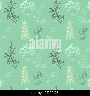 Cozy kitchen herbs vector seamless pattern. Elegant doodle basil rosemary olive branch illustration. Perfect for organic cooking cafe menus wallpaper Stock Vector