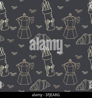 Cozy breakfast coffee vector seamless pattern. Elegant doodle croissant moka pot chalkboard illustration. Perfect for kitchen cafe menus wallpaper Stock Vector