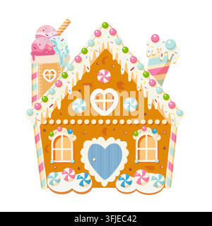 A festive, fairytale gingerbread house decorated with icing and candy-shaped elements, set against a white background. Stock Vector