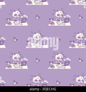 Seamless Pattern of Angry Furious Kawaii Panda at Desk Ripping Paper with Laptop and Ringing Deadline Alarm Clock. Stress Work Overload Business Bear Stock Vector