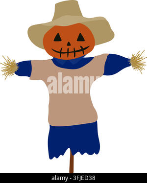 A whimsical Halloween scarecrow with a pumpkin head, a wide-brimmed hat, blue clothing, and outstretched arms, perfect for seasonal illustrations. Stock Vector