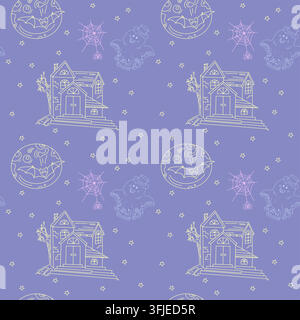 Cute halloween vector seamless pattern. Spooky cartoon haunted house ghost moon illustration. Perfect for autumn holiday night party decorations. Stock Vector