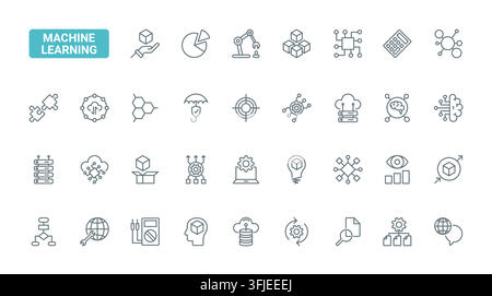 Machine learning and artificial intelligence symbols for automation, neural networks, data analysis, robotics and smart digital systems black line icons set vector illustration Stock Vector