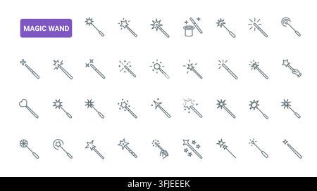Magic wand symbols with sparkling star tips and fantasy spellcasting motifs for wizard, fairy and illusion themes in entertainment and celebration black line icons set vector illustration Stock Vector
