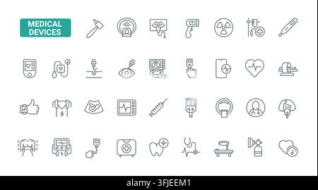 Healthcare equipment and diagnostic tools for monitoring, imaging, treatment and patient care across hospitals, clinics and emergency medicine black line icons set vector illustration Stock Vector
