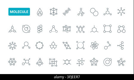 Scientific molecule structures and chemistry symbols representing atoms, bonds, compounds and laboratory research concepts for education and medical science black line icons set vector illustration Stock Vector
