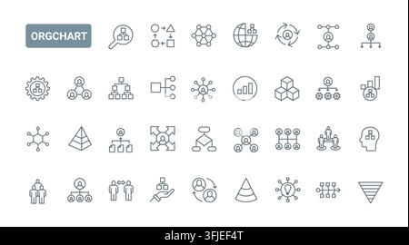 Organizational chart symbols showing hierarchy mapping, team structure, workflow connections and reporting relationships for business planning black line icons set vector illustration Stock Vector