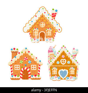 A collection of cute gingerbread houses. A set of illustrations featuring Christmas sweets. Stock Vector
