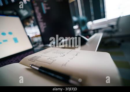 notebook notes desk tech development, capturing a modern workspace setup with coding data on screens and handwritten notes. This technology-focused sc Stock Photo