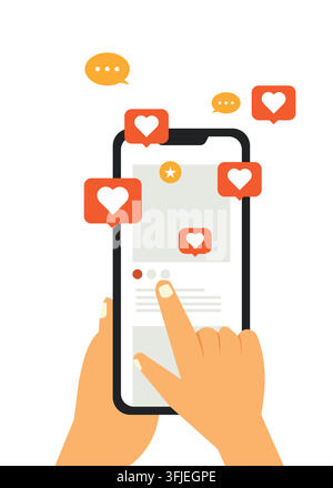Flat illustration of hands holding a smartphone, with a finger touching the screen as heart and comment notifications float around, showing high socia Stock Vector