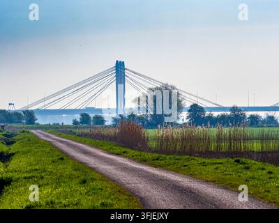 Dirt road winding through green fields with reeds, leading towards a modern cable-stayed Tacitus bridge spanning the horizon Stock Photo