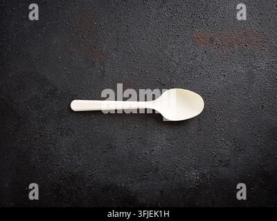 Single beige disposable compostable spoon lying on a textured dark background, representing sustainability and eco-friendly products Stock Photo