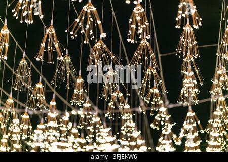 A beautiful low angle view of multiple warm white LED fairy string lights shaped like fireworks or dandelions hanging outdoors against a dark night sk Stock Photo