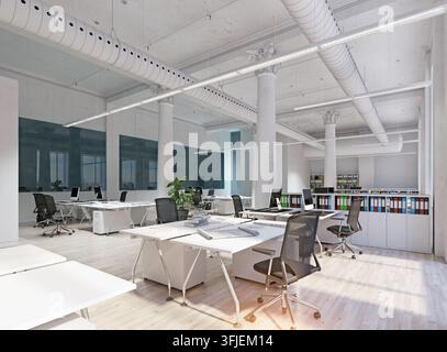 3D render of a bright open-plan corporate office interior with white workstations, black chairs, columns and wood floors. Stock Photo