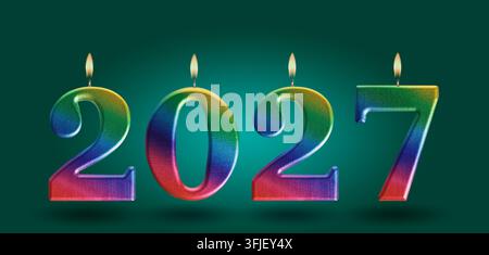 Rainbow 2027 Number Candles with Flames on Dark Teal Background Stock Photo