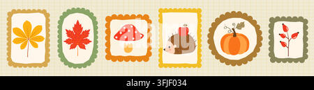 Kawaii autumn vector stamps with leaves, mushroom, hedgehog, Cute frames with scalloped edges for fall and Thanksgiving design Stock Vector