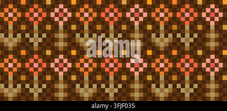 Pixelated flowers folk seamless vector pattern, Geometric retro quilt background, Floral border squares for autumn fabric designs Stock Vector
