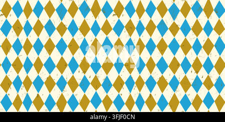Blue and gold textured harlequin vector seamless pattern, Rhombus shapes background with grunge texture for Oktoberfest backgrounds, posters and banne Stock Vector