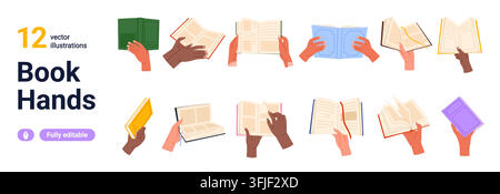 Collection of diverse hands holding open and closed books in reading poses, editable clipart icons for education, library, literature, study themes isolated on white background vector illustration Stock Vector