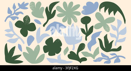 Abstract floral set with hand drawn flowers, leaves, textured botanical shapes in soft blue, sage green, cream tones, isolated on white background vector illustration Stock Vector