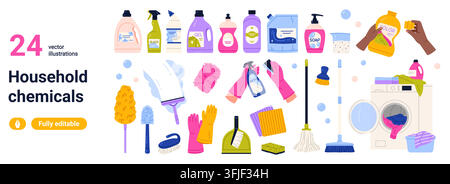 Collection of household chemicals, laundry products, brushes, gloves, mop and washing tools for home cleanup and hygiene, isolated on white background vector illustration Stock Vector