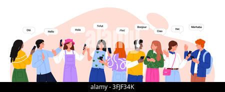 Multilingual group of young people using smartphones with speech bubbles showing greetings in different languages, communication and language translation concept isolated on white vector illustration Stock Vector