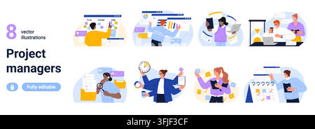 Project managers set with office workers planning tasks, tracking deadlines, reviewing charts and schedules, coordinating teamwork scenes in flat style isolated on white background vector illustration Stock Vector