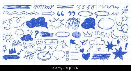 Blue hand drawn scrapbook doodles on grid paper with arrows, clouds, stars, speech bubbles, scribbles, icons and sketchy shapes, isolated on white background vector illustration Stock Vector