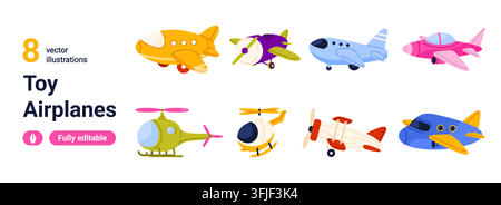 Cute toy airplanes collection with colorful cartoon aircraft, helicopter and propeller plane icons for kids transport themes isolated on white background vector illustration Stock Vector