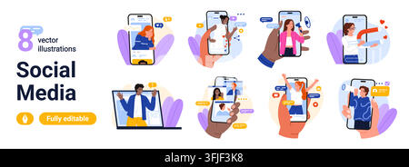 Collection of social media scenes with smartphone screens, messaging, video calls, influencer content, followers and online communication, isolated on white background vector illustration Stock Vector