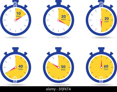 Set of timer and Stopwatch icons. Countdown symbol stock illustration. Timer. Stopwatch. Countdown 10.20,30,40,50,60 minutes. stock illustration Stock Vector