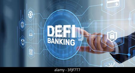 DeFi Banking Finance Platform with Blockchain Ecosystem Digital Assets Secure Interface Businessman Touching Virtual Dashboard Screen Financial System Stock Photo