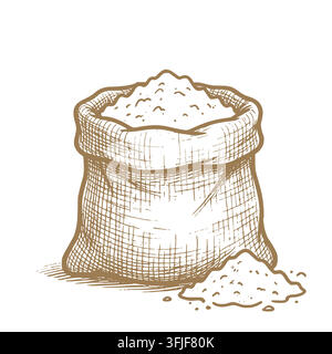 an open burlap bag with flour or grain, with a small scattered slide, vector illustration. for bakery branding, farm product packaging, organic labels Stock Vector