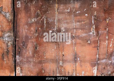 Close-up of weathered wooden planks with peeling paint, cracks, and rough grain. Stock Photo