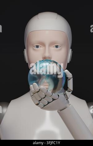 Close-up portrait of a female humanoid robot holding a glass Earth. 3d illustration. Stock Photo