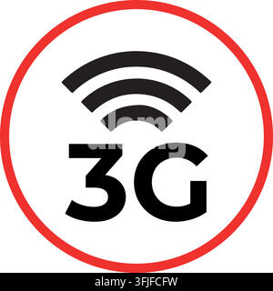 3G network icon, red circle with signal waves symbol for mobile internet connectivity. Stock Vector