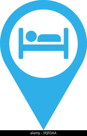 Hotel location pin icon, blue map marker with bed symbol for accommodation. Stock Vector