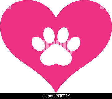 Pink heart icon with white paw print, symbol for pet love and animal care. Stock Vector