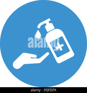 Hand sanitizer icon, blue circle with hand and sanitizer bottle silhouette for hygiene concept. Stock Vector