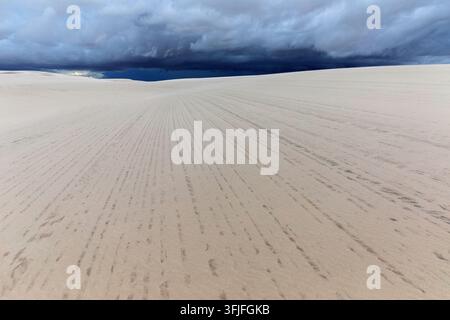 An abstract close-up of intricate wind-rippled lines and diverse mineral patterns on the white sand floors of Lencois Maranhenses, Brazil. Stock Photo