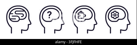 Brain, cognitive impairment and mental health line icon set. Disability and accessibility. Simple, minimal black and white outline vector illustration Stock Vector