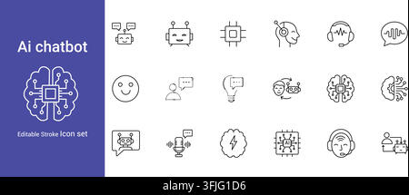 AI Chatbot, Artificial Intelligence, Virtual Assistant and Conversational Technology Line Icon Set Stock Vector