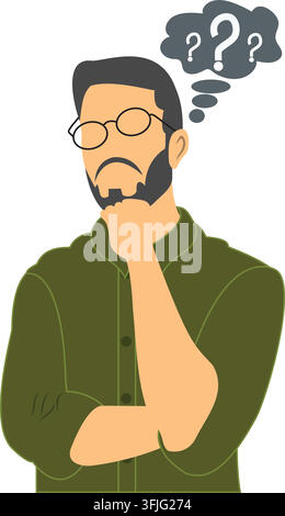 Thinking man vector illustration with question marks in thought bubble isolated on white Stock Vector