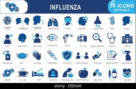 Influenza  36 glyph Icon Set emphasizing body aches chills coughing symptom face mask fever flu , shot virus hand washing headache health announcement Stock Vector