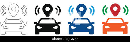 Set of car navigation icons with location pin and signal waves in different colors with indicating destination current position red green color variat Stock Vector