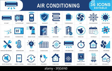 Air Conditioning  36 Solid Icon Set in grid mapping cold snowflake cooling, exact thermostat, quick electric fan, loud exhaust fan, and gentle airflow Stock Vector