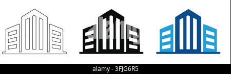 Abstract building icons in outline solid black and blue color variations on white background with displays three distinct icon variations building Stock Vector