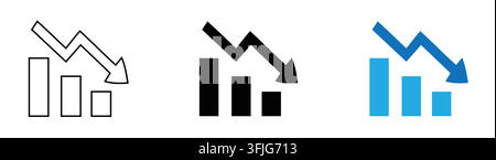 Three variations of a bar chart with a downward trend arrow representing financial decline with solid blue color variations against white background Stock Vector